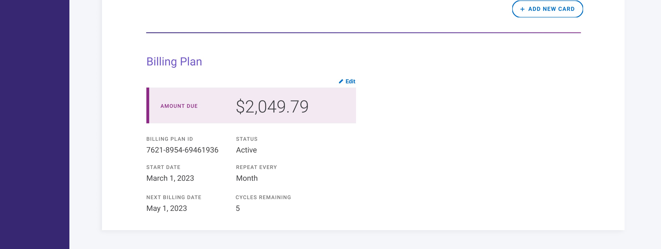 Customer profile showing the active Billing Plan section with amount due, billing plan ID, status, and cycle details