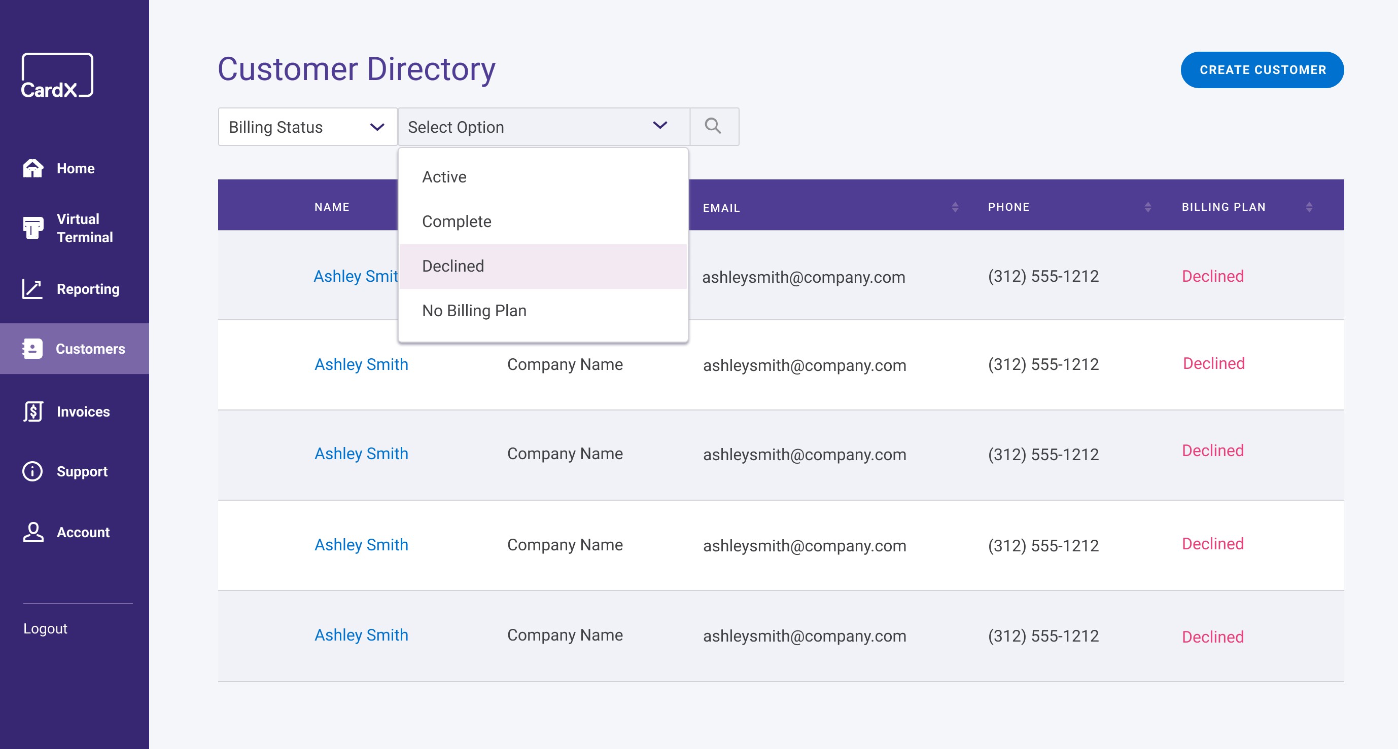 Customer Directory with the Billing Status filter open, showing Active, Complete, Declined, and No Billing Plan options